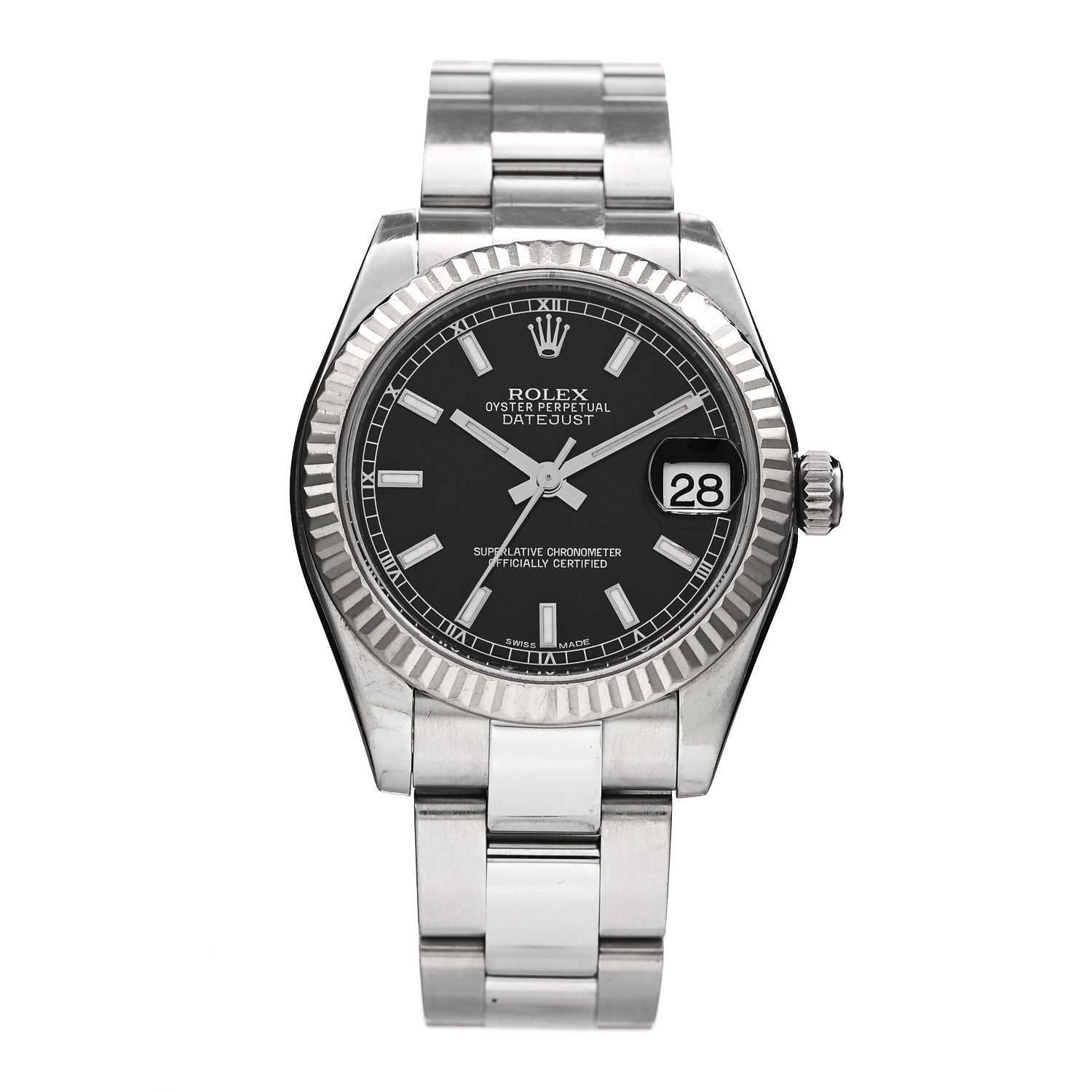 Rolex Stainless Steel 18K White Gold 31mm Oyster Perpetual Datejust Watch Black 178274 — representative example