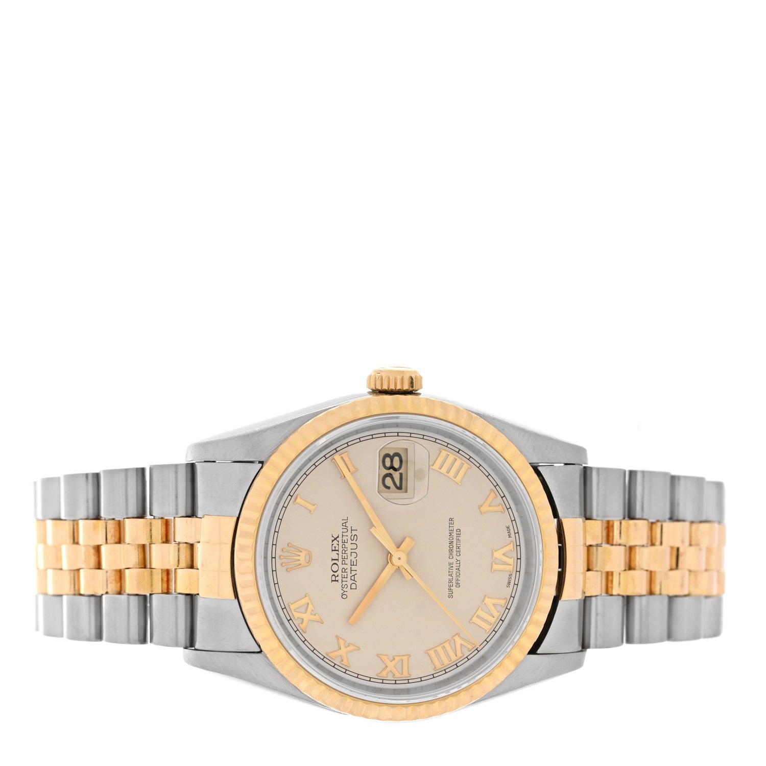 Rolex Stainless Steel 18K Yellow Gold 36mm Oyster Perpetual Datejust Watch White Pyramid Roman 16233 — representative example
