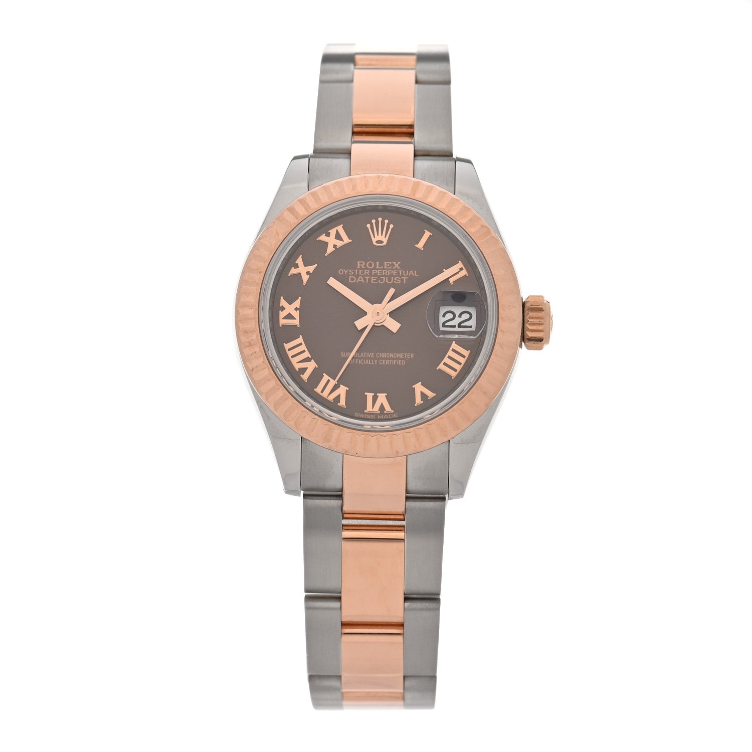 Rolex Stainless Steel 18K Everose Gold 28mm Oyster Perpetual Datejust Watch Chocolate Roman 279171 — representative example